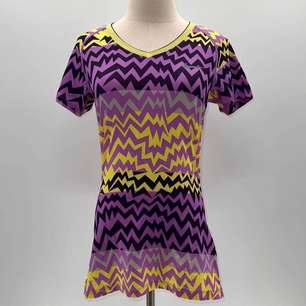 Nike Pro Purple/Yellow Zig Zag Printed V-Neck Short Sleeve Athletic Shirt-M